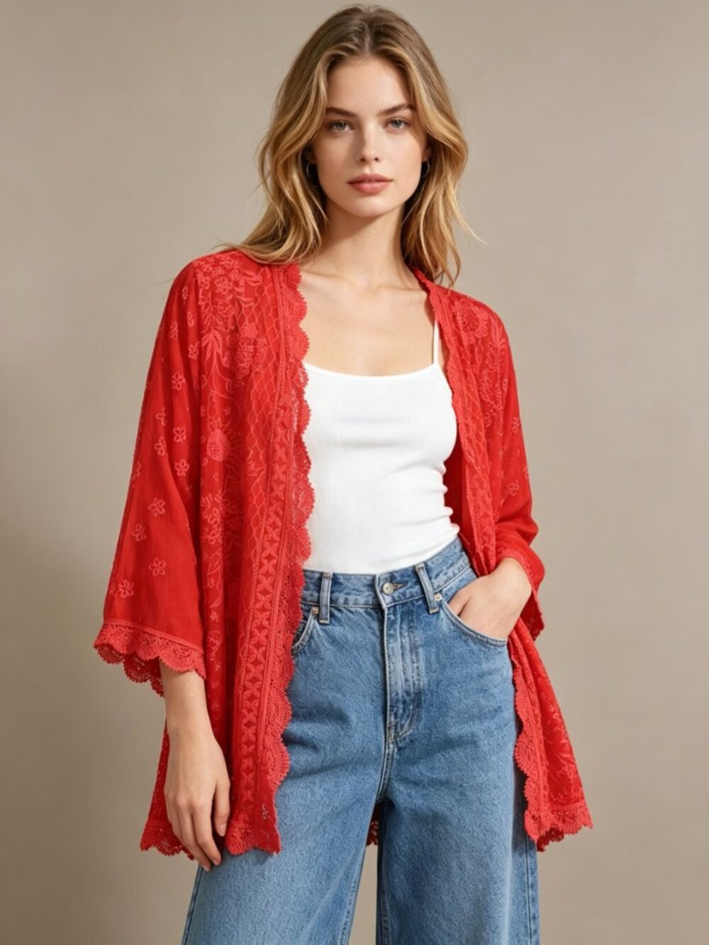 NWOT Johnny Was Red Eyelet KIMONO Embroidered Floral Open Front Coat Sz S